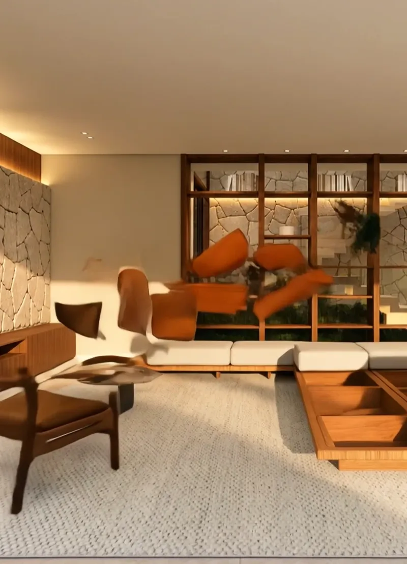 Render da sala em desmontagem, com peças de mobiliário suspensas no ar sobre o piso de travertino