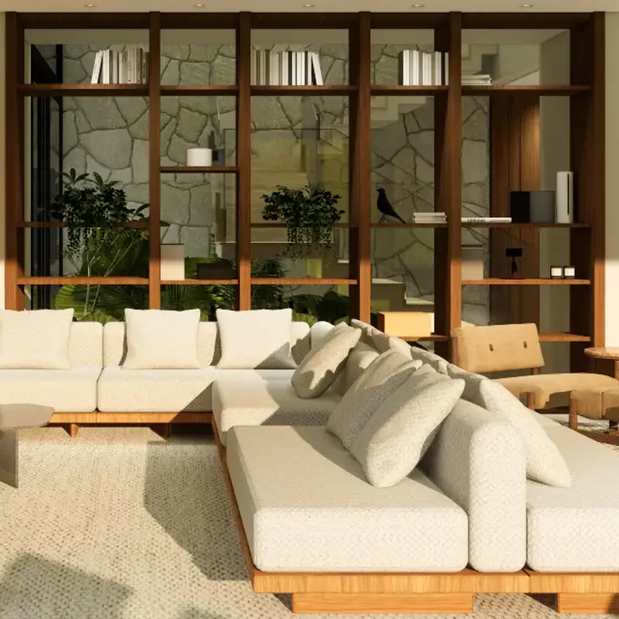 Estante de madeira com esquadria de vidro separando a sala de um jardim interno de pedra