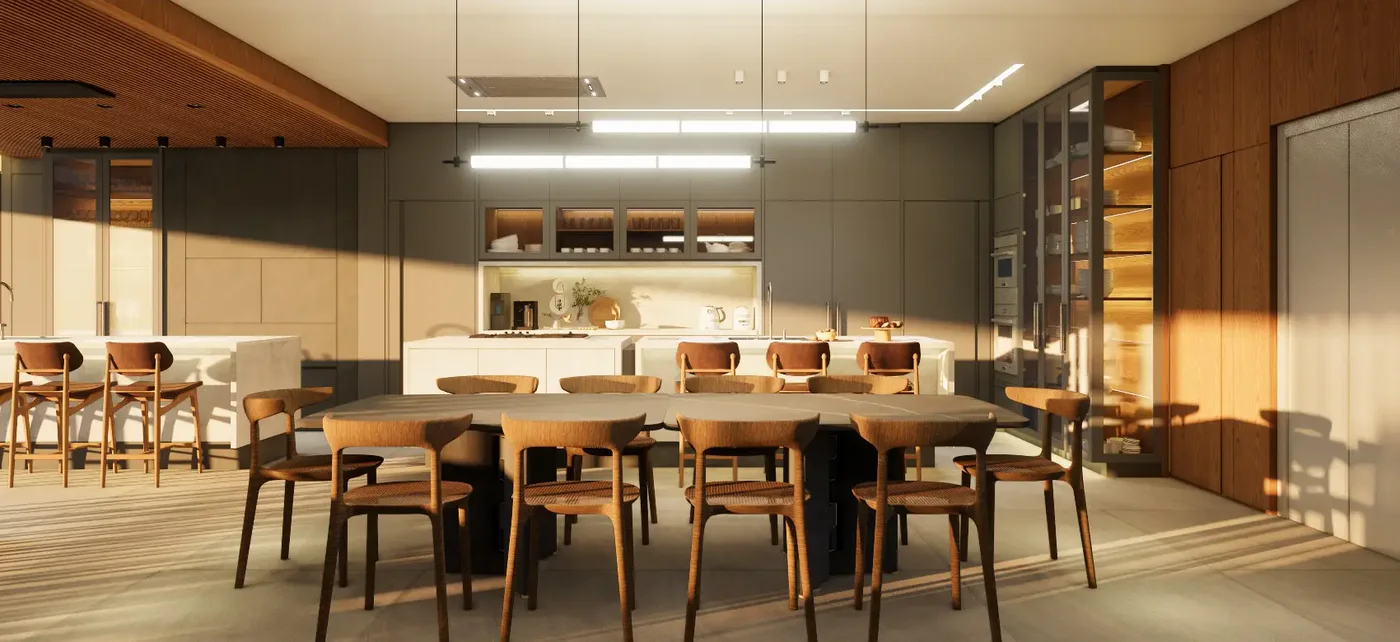 Mesa de jantar comprida com cadeiras de couro e cozinha integrada ao fundo